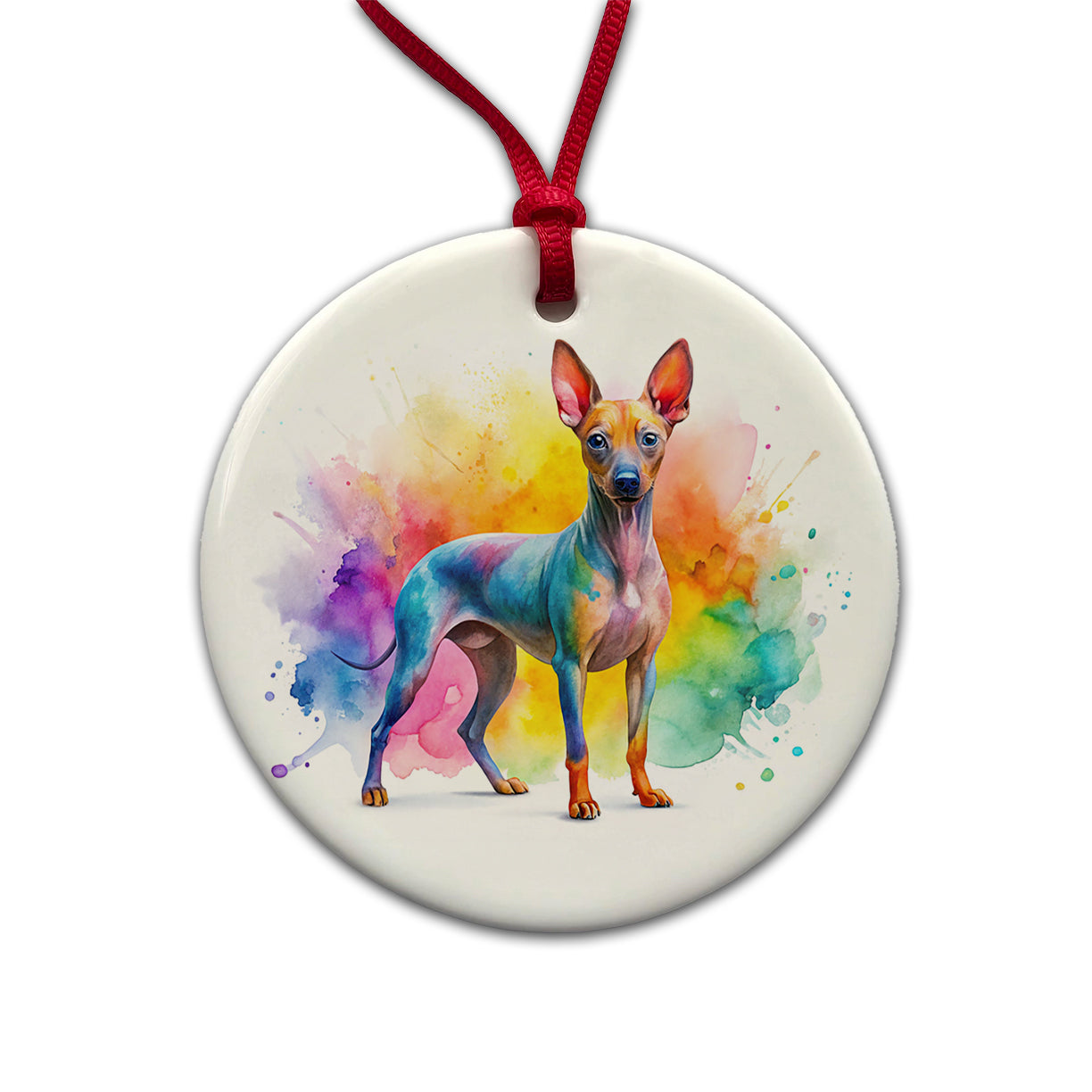 American Hairless Terrier Dog Watercolor Style Round Ceramic Holiday Christmas Tree Ornament
