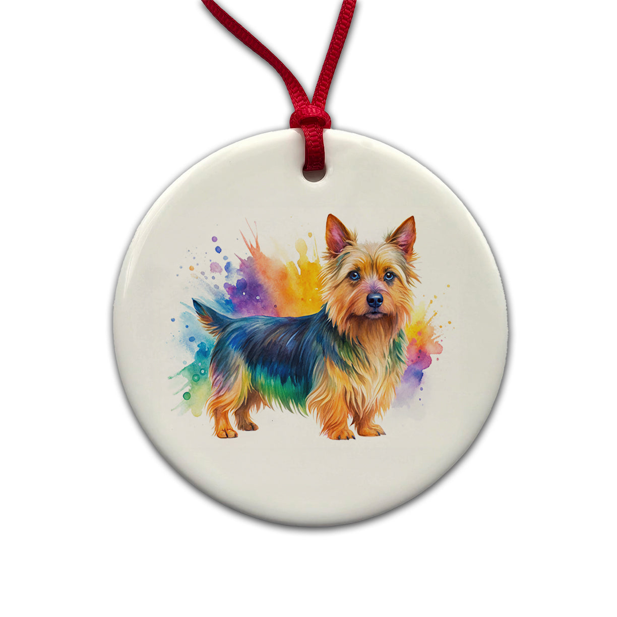 Australian Terrier Dog Watercolor Style Round Ceramic Holiday Christmas Tree Ornament