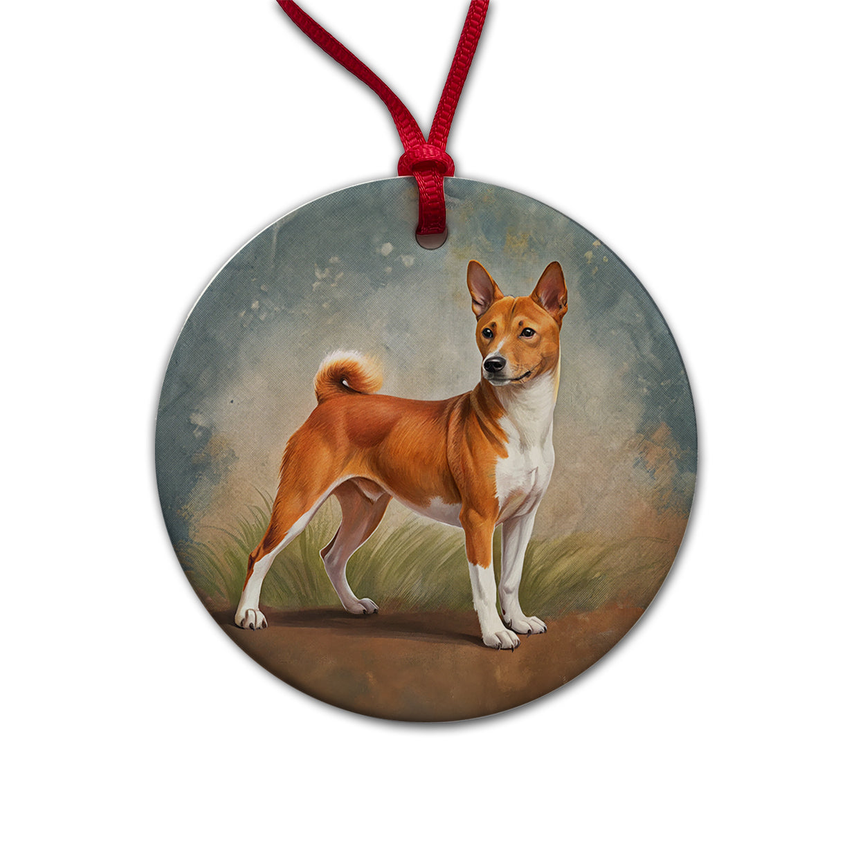 Basenji Dog Illustration Round Ceramic Holiday Christmas Tree Ornament