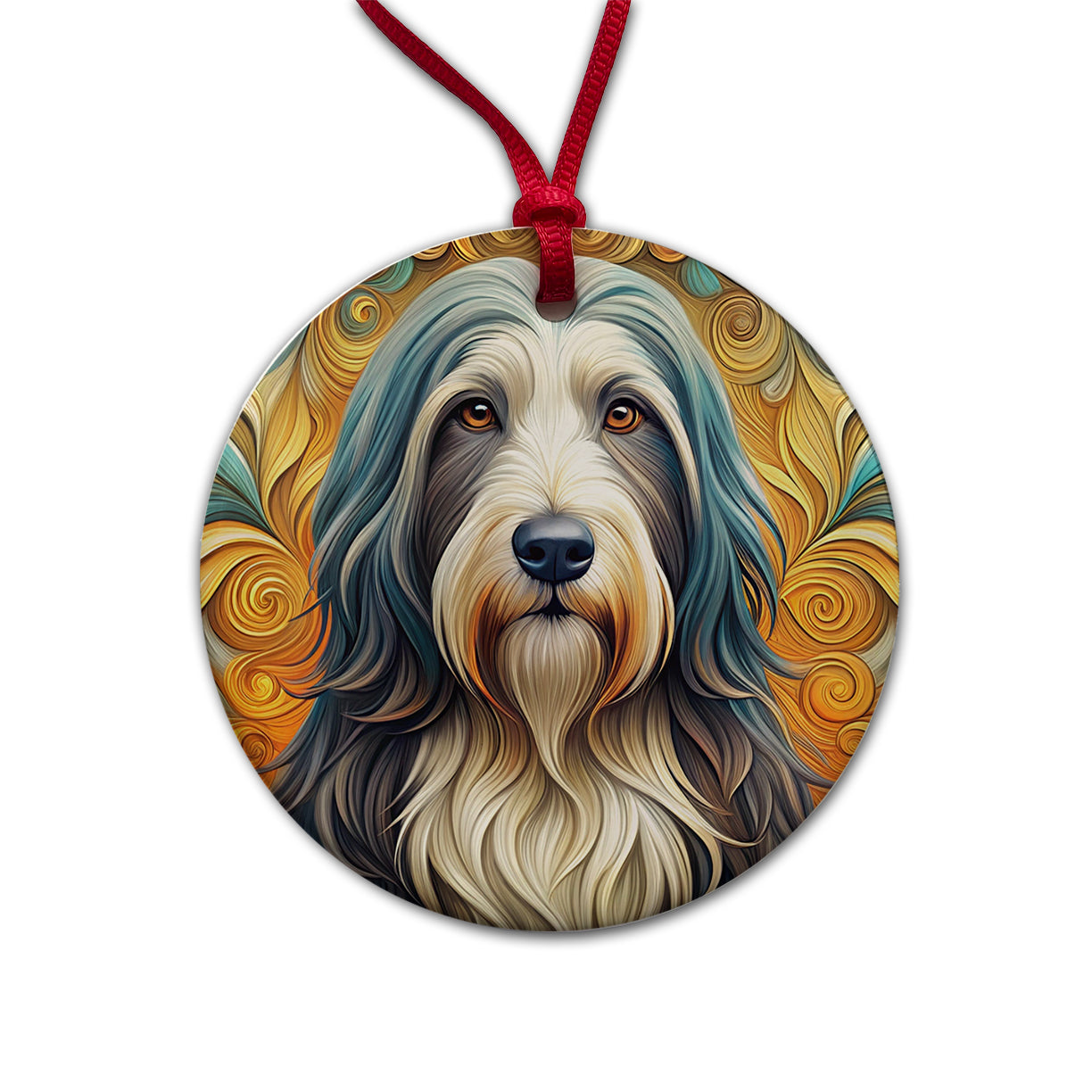 Bearded Collie Dog Art Nouveau Round Ceramic Holiday Christmas Tree Ornament