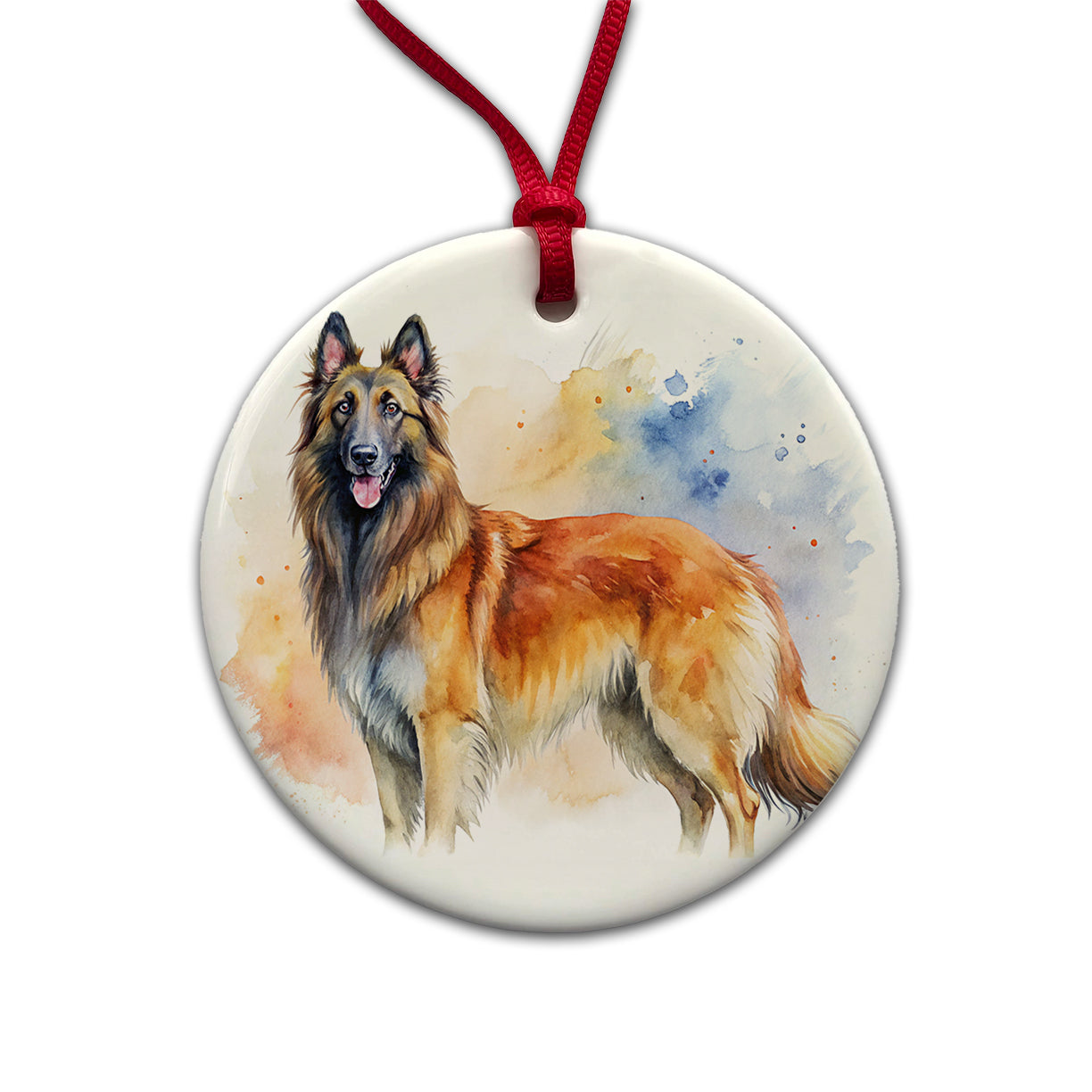 Belgian Tervuren Dog Watercolor Style Round Ceramic Holiday Christmas Tree Ornament