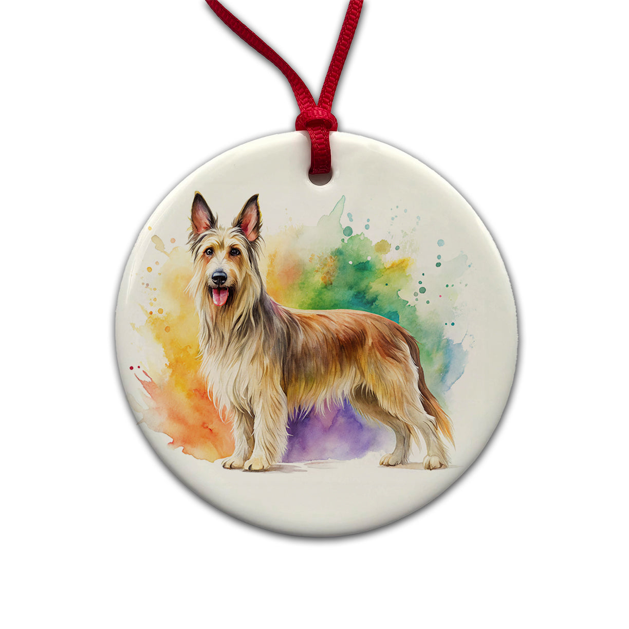 Berger Picard Dog Watercolor Style Round Ceramic Holiday Christmas Tree Ornament