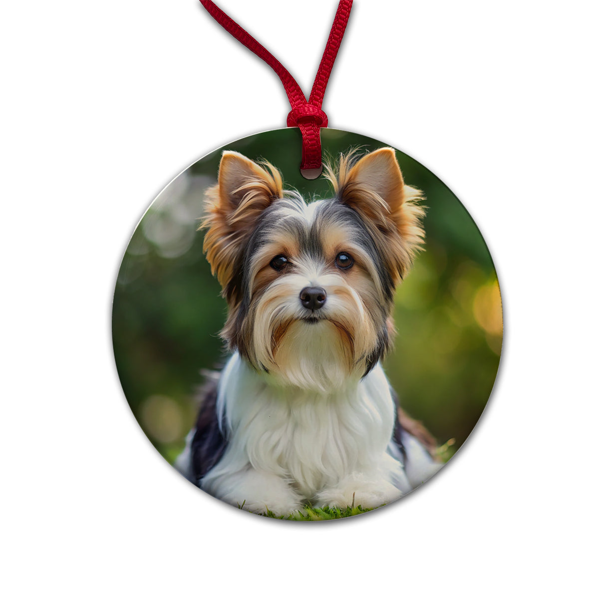 Biewer Terrier Dog Photo Round Ceramic Holiday Christmas Tree Ornament