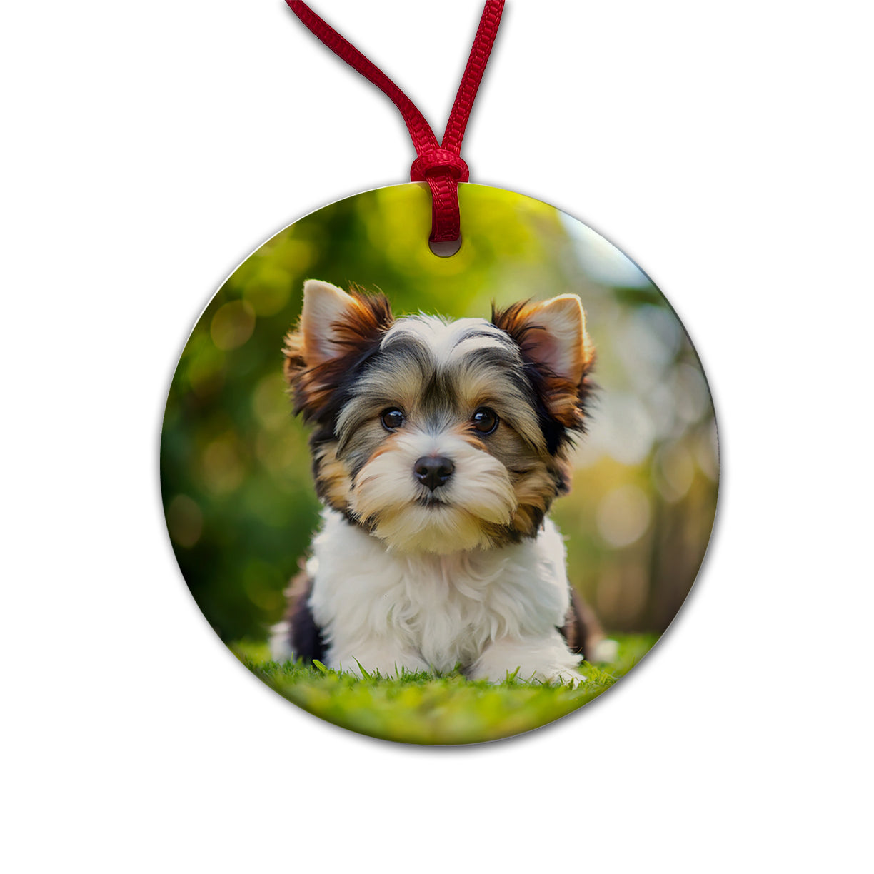 Biewer Terrier Dog Puppy Photo Round Ceramic Holiday Christmas Tree Ornament