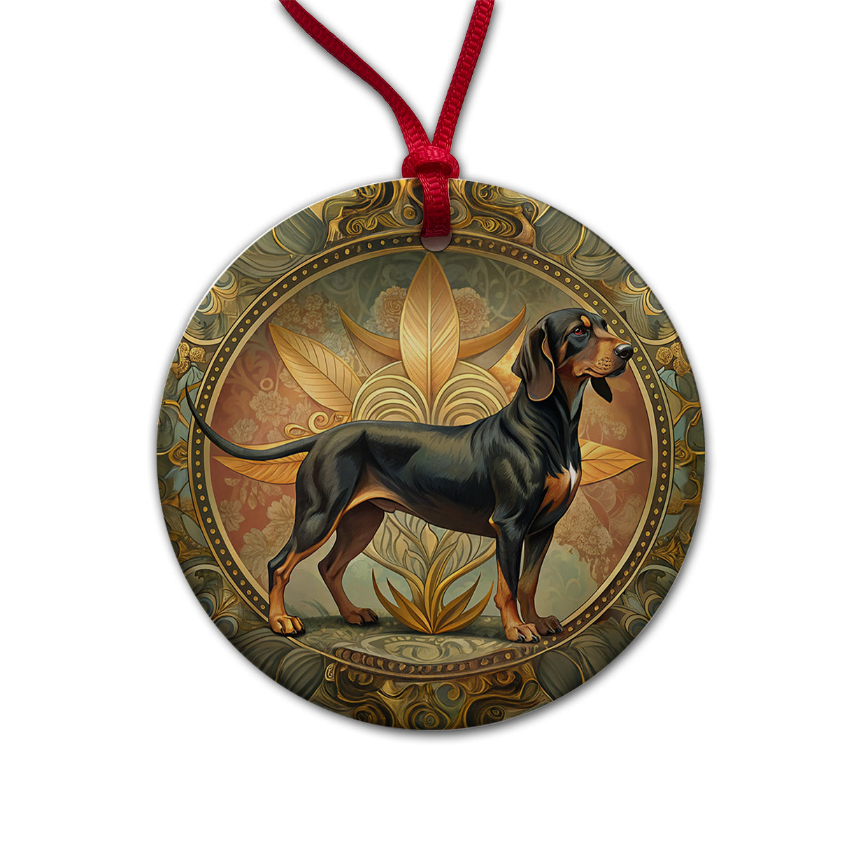 Black And Tan Coonhound Dog Art Nouveau Round Ceramic Holiday Christmas Tree Ornament