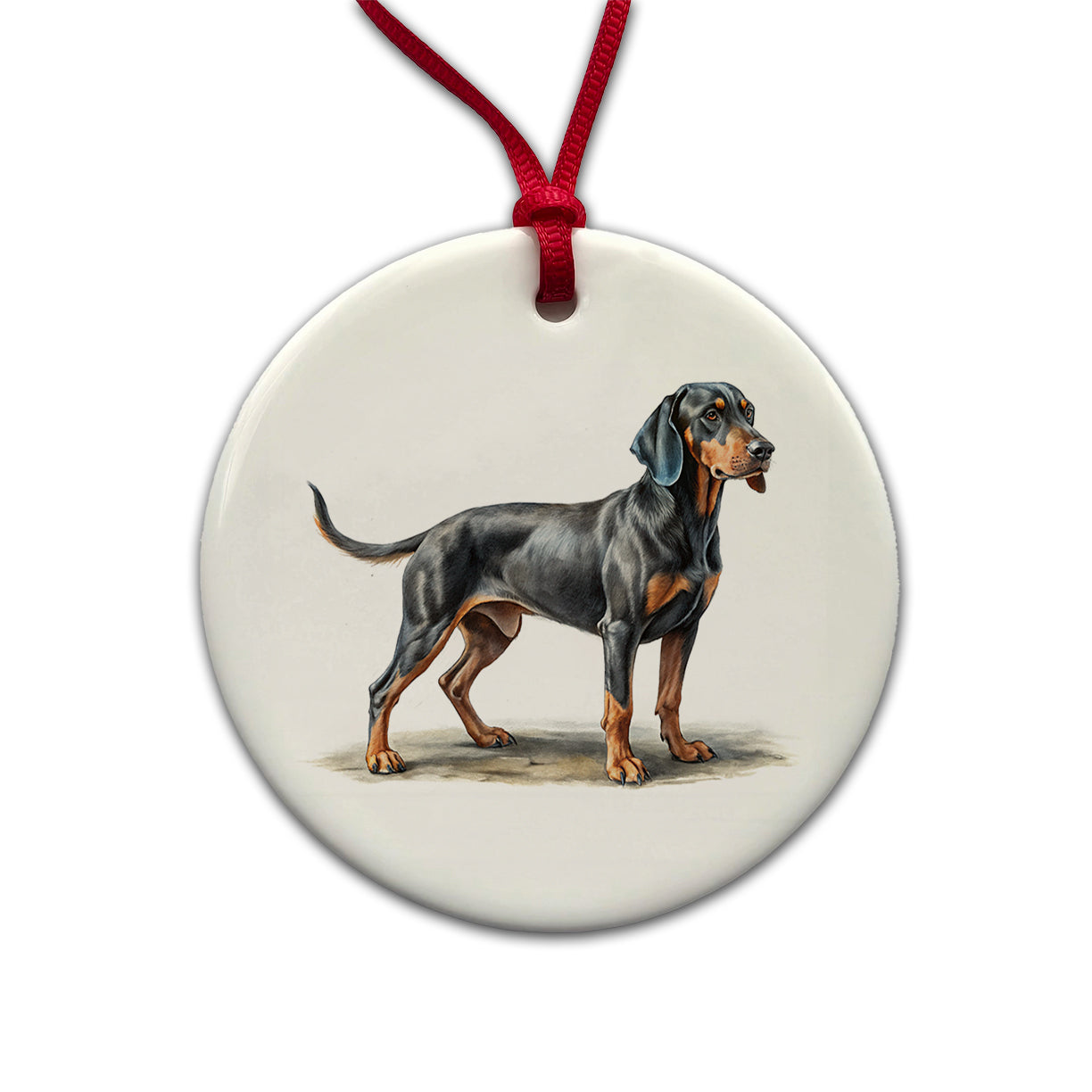 Black And Tan Coonhound Dog Illustration Round Ceramic Holiday Christmas Tree Ornament