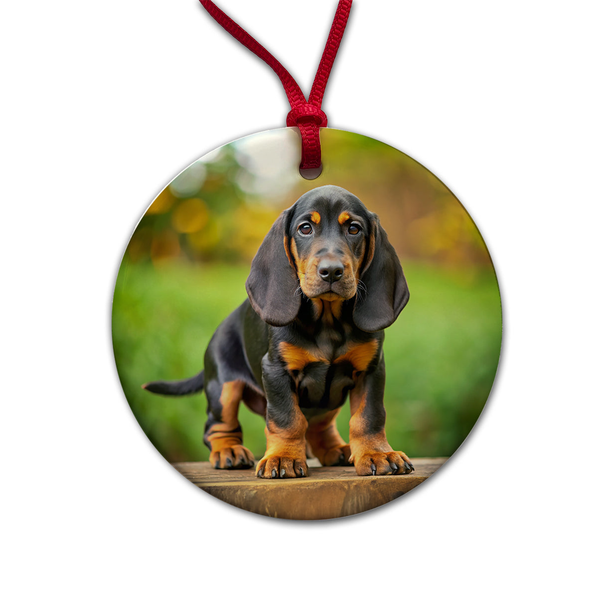 Black And Tan Coonhound Dog Puppy Photo Round Ceramic Holiday Christmas Tree Ornament