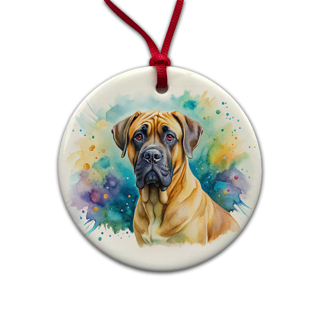 Boerboel Dog Watercolor Style Round Ceramic Holiday Christmas Tree Ornament