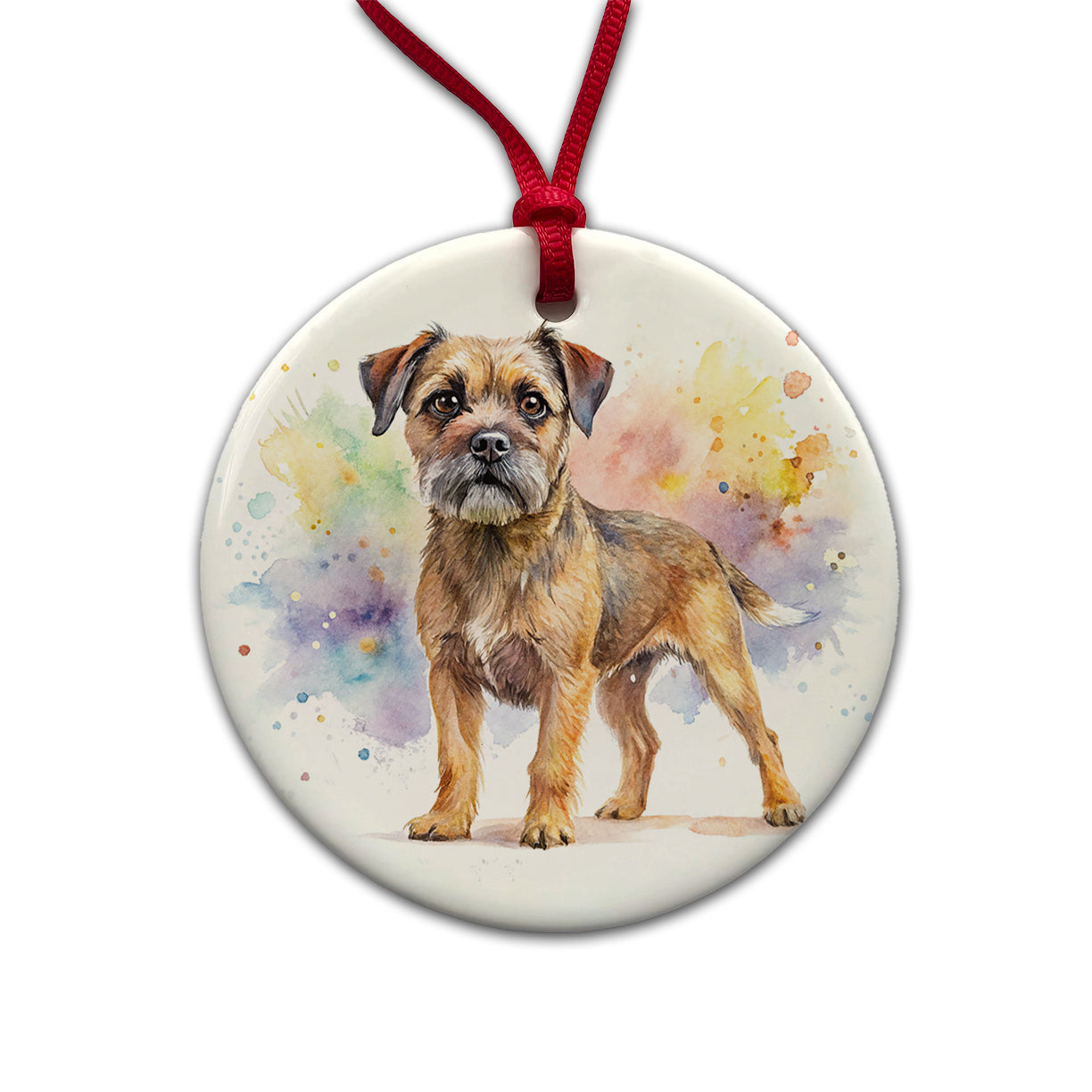 Border Terrier Dog Watercolor Style Round Ceramic Holiday Christmas Tree Ornament