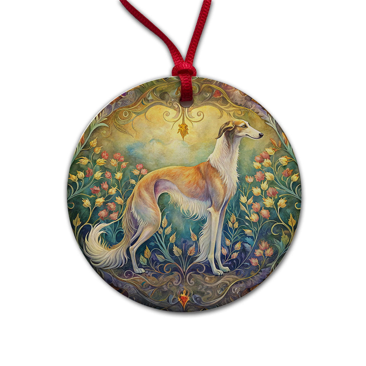 Borzoi Dog Art Nouveau Round Ceramic Holiday Christmas Tree Ornament