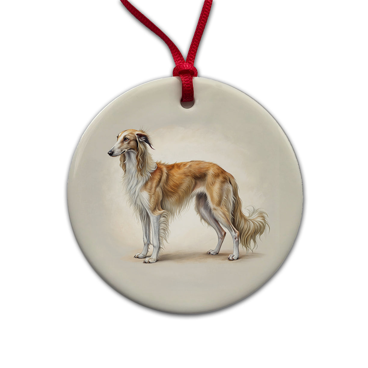 Borzoi Dog Illustration Round Ceramic Holiday Christmas Tree Ornament