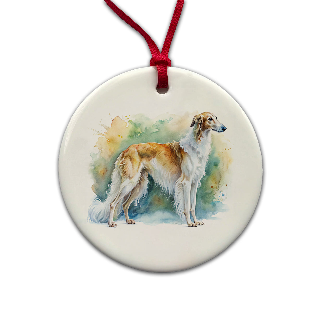 Borzoi Dog Watercolor Style Round Ceramic Holiday Christmas Tree Ornament