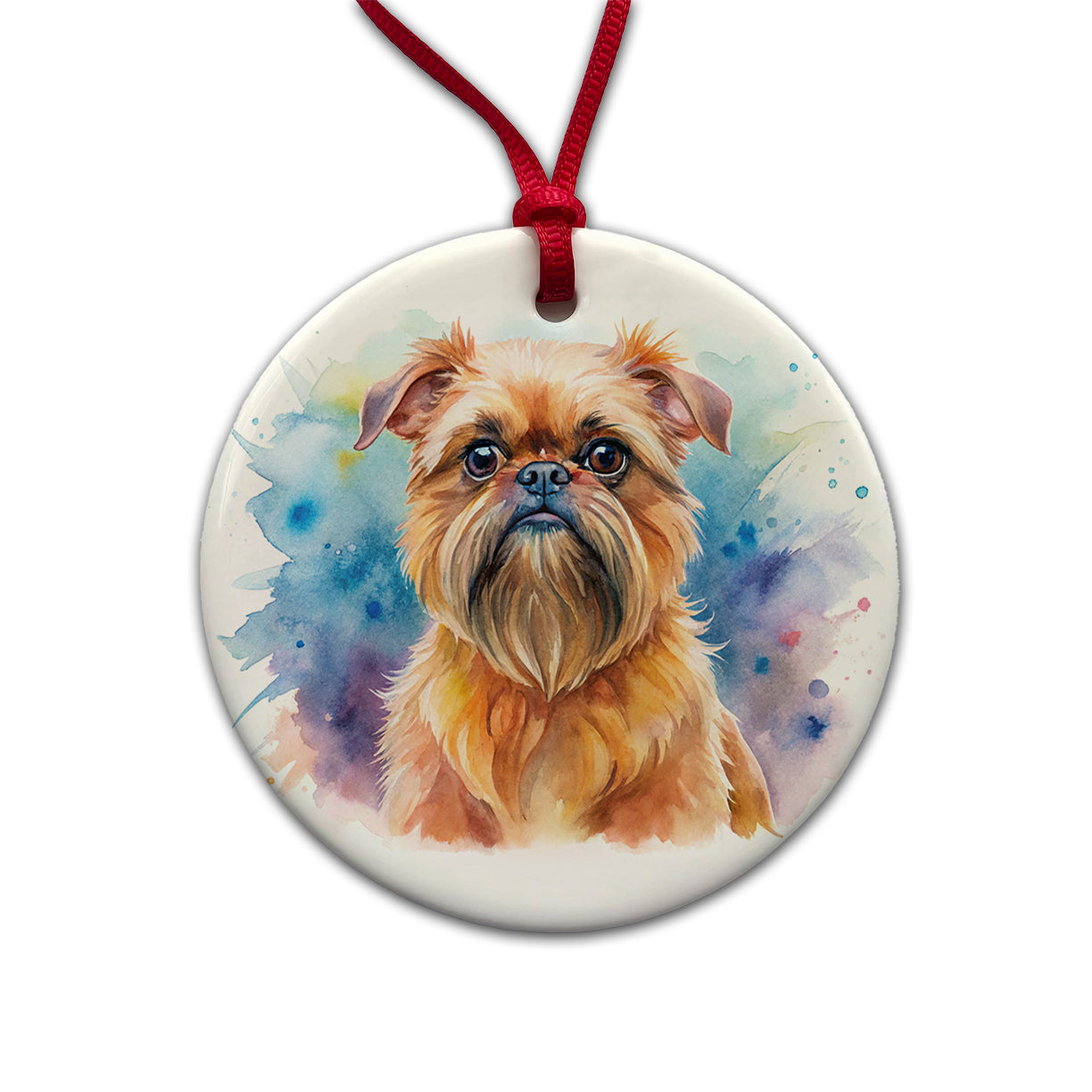 Brussels Griffon Dog Watercolor Style Round Ceramic Holiday Christmas Tree Ornament