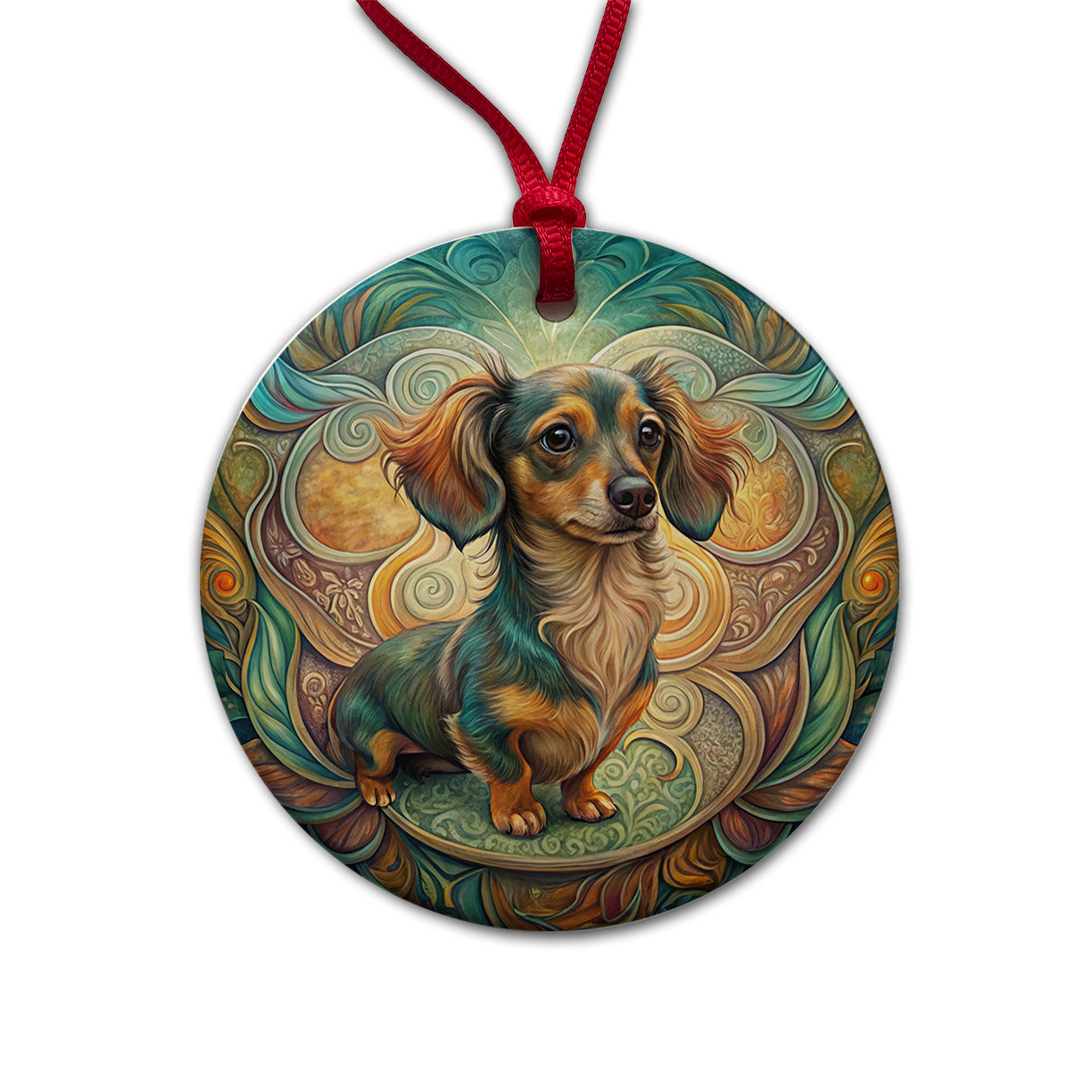 Chiweenie Dog Art Nouveau Round Ceramic Holiday Christmas Tree Ornament