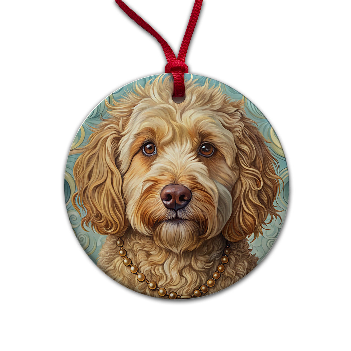Cockapoo Dog Art Nouveau Round Ceramic Holiday Christmas Tree Ornament