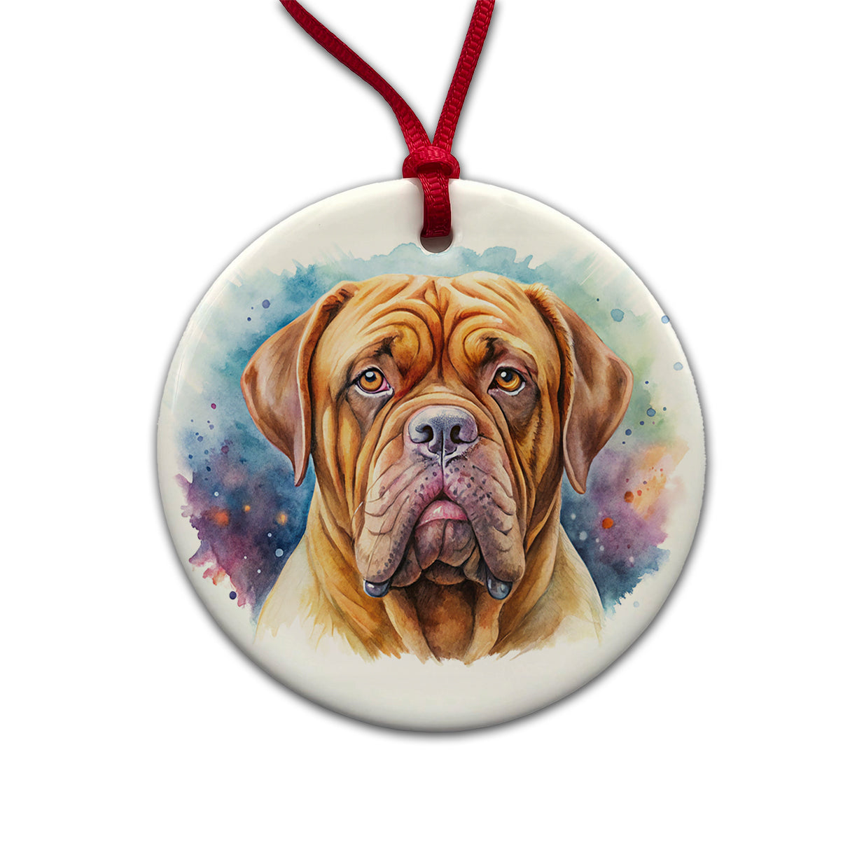 Dogues De Bordeaux Dog Watercolor Style Round Ceramic Holiday Christmas Tree Ornament