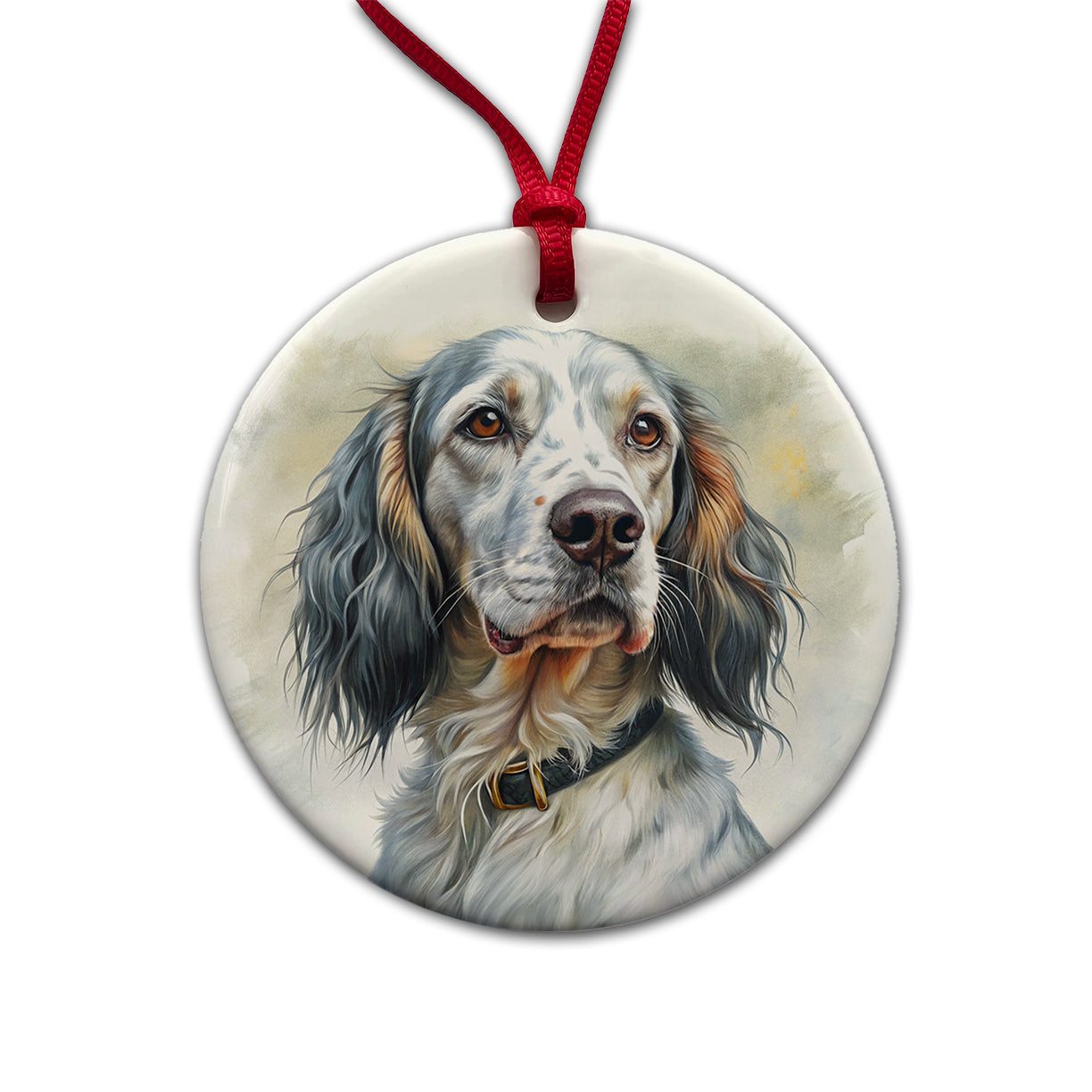 English Setter Dog Illustration Round Ceramic Holiday Christmas Tree Ornament
