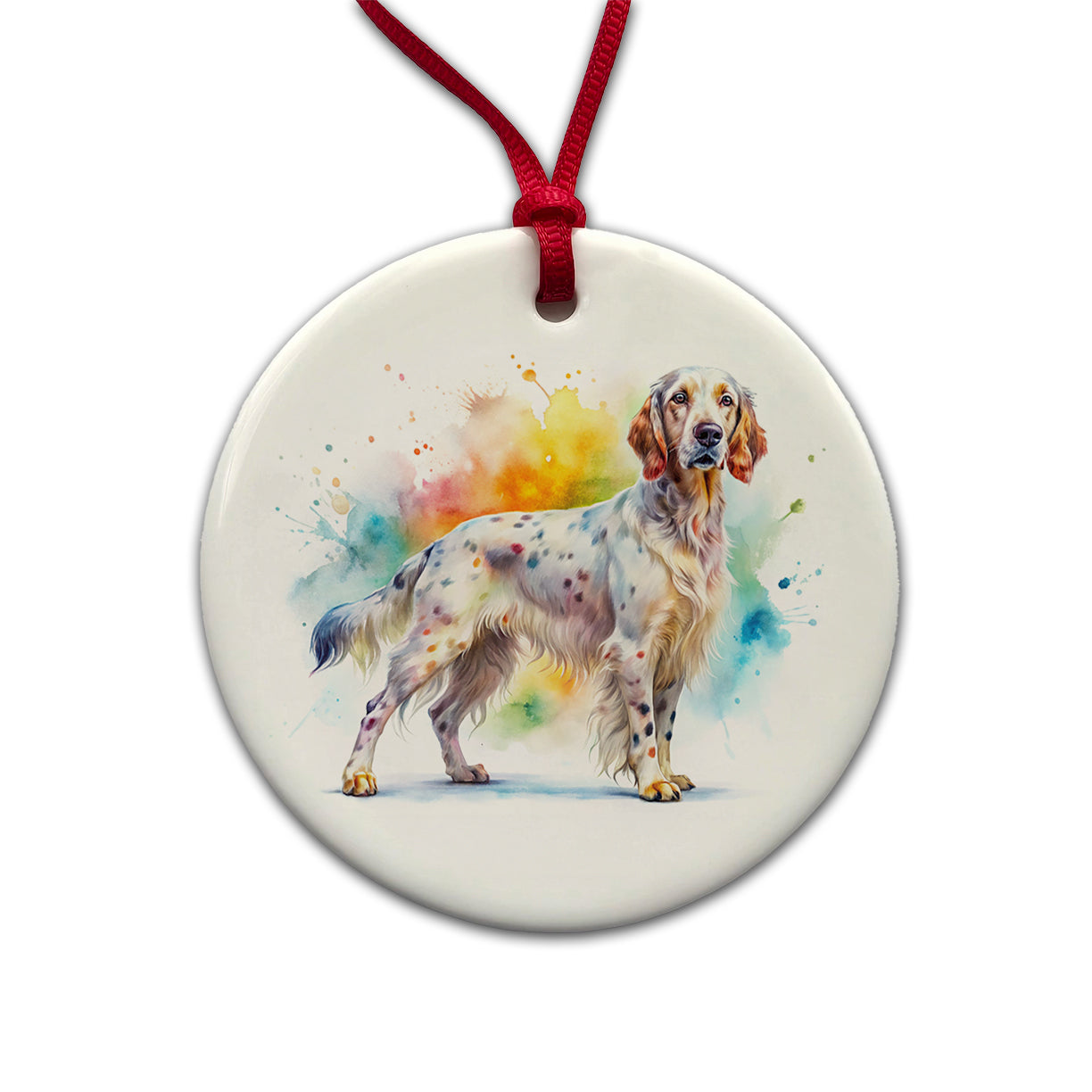 English Setter Dog Watercolor Style Round Ceramic Holiday Christmas Tree Ornament