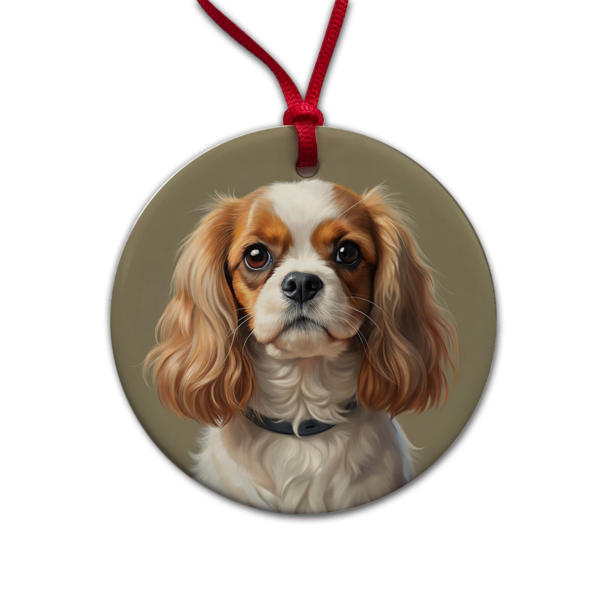 English Toy Spaniel Dog Illustration Round Ceramic Holiday Christmas Tree Ornament