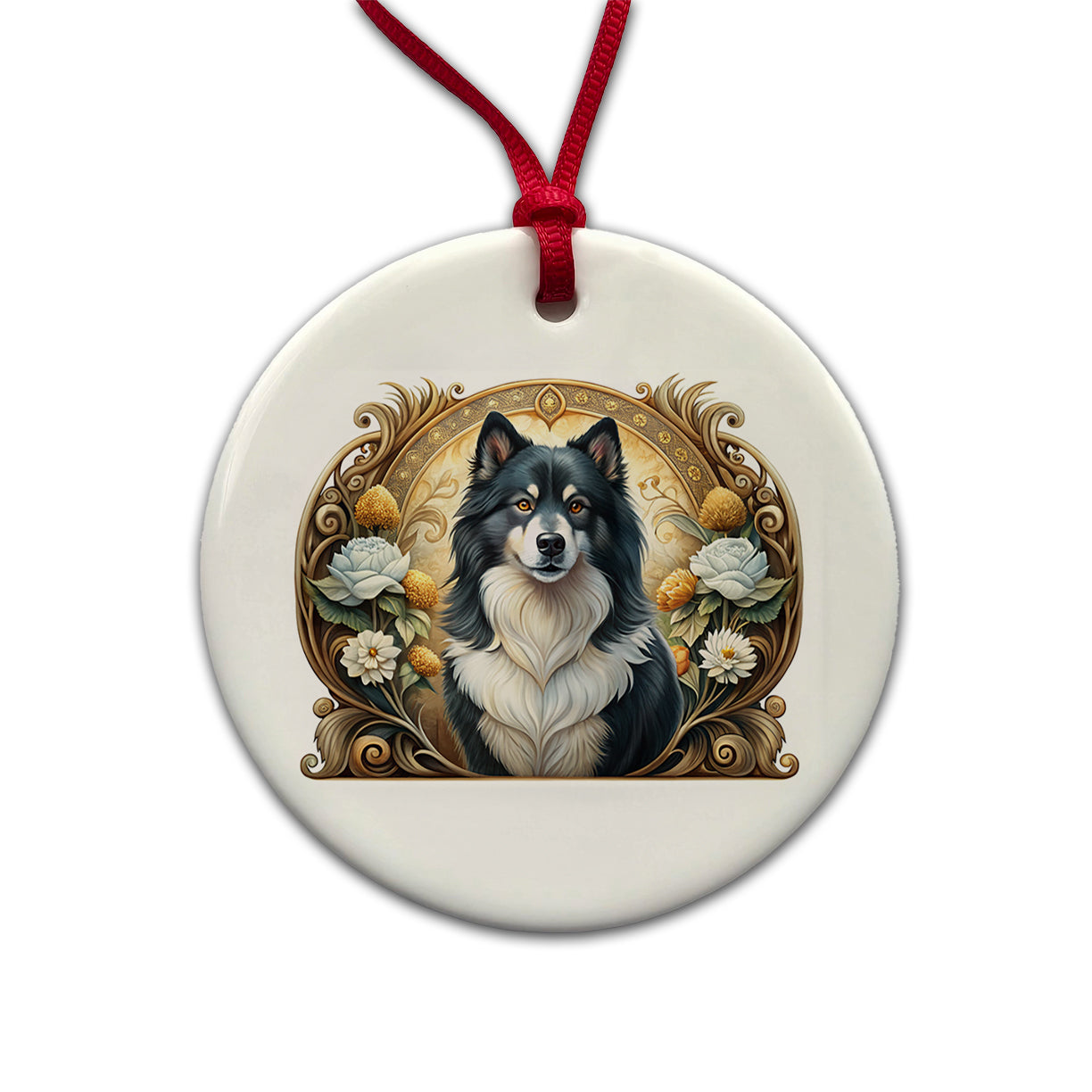 Finnish Lapphund Dog Art Nouveau Round Ceramic Holiday Christmas Tree Ornament