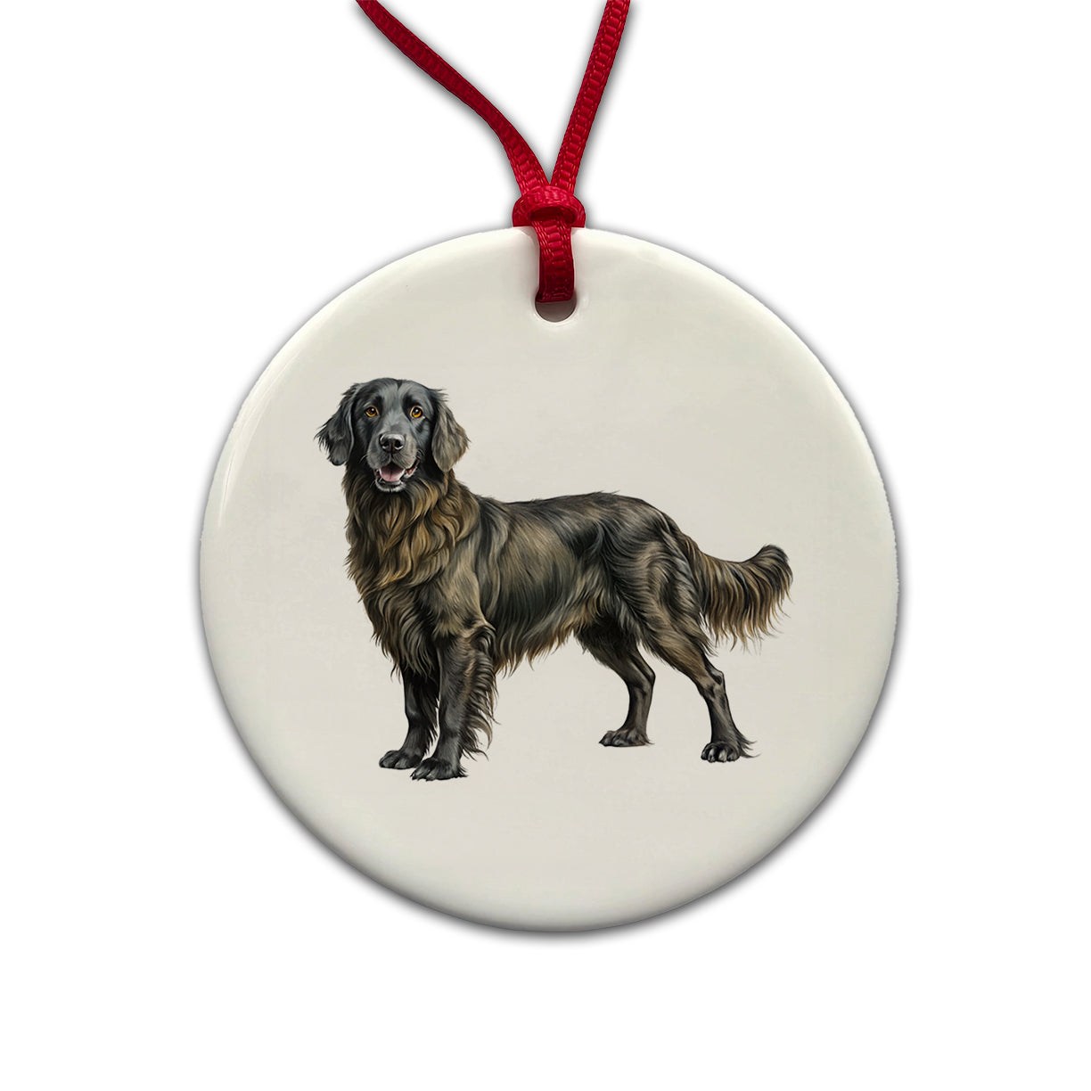 Flat Coated Retriever Dog Illustration Round Ceramic Holiday Christmas Tree Ornament