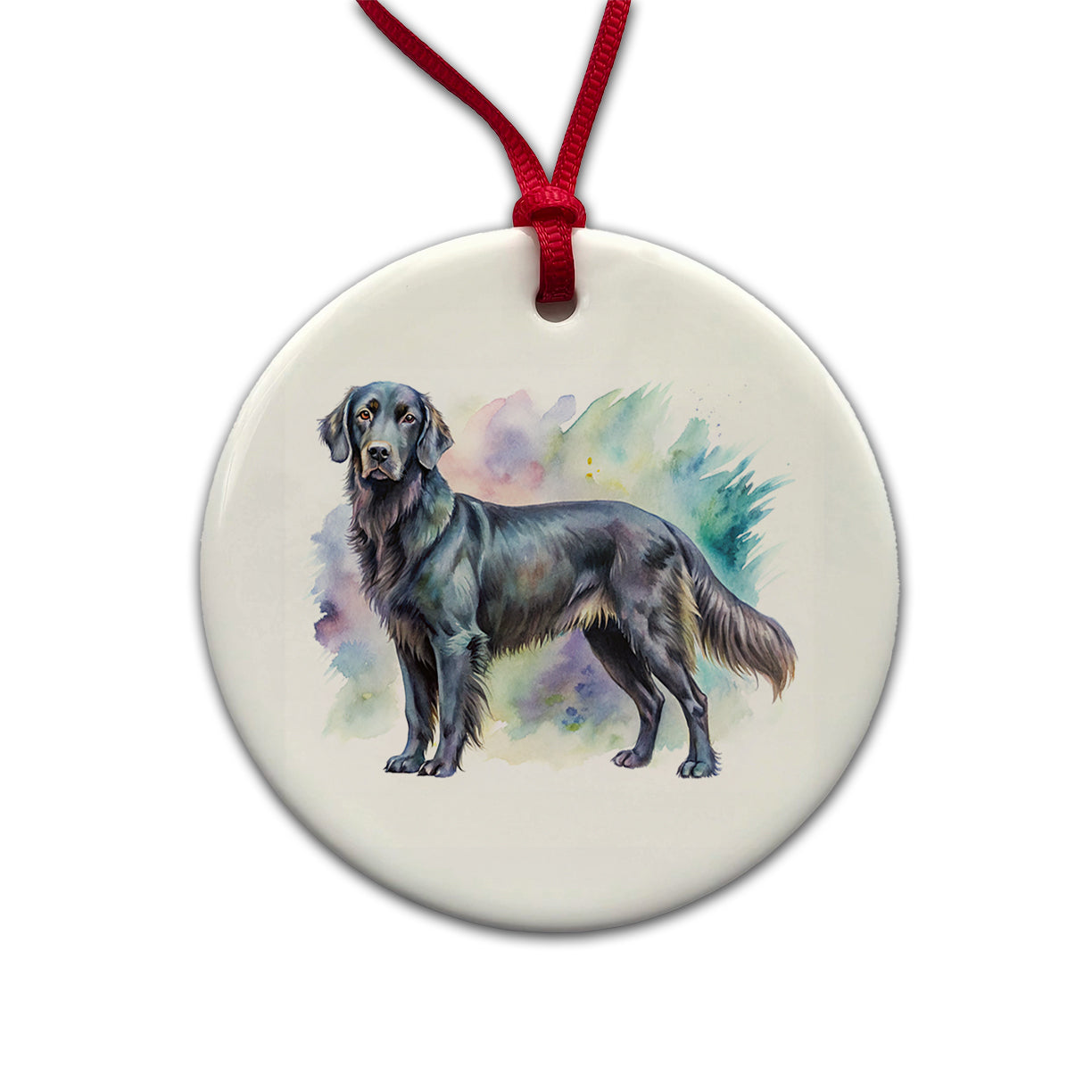 Flat Coated Retriever Dog Watercolor Style Round Ceramic Holiday Christmas Tree Ornament