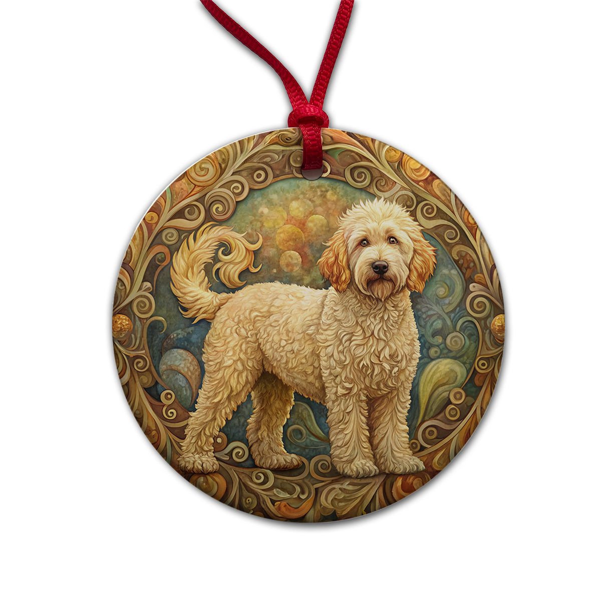 Goldendoodle Dog Art Nouveau Round Ceramic Holiday Christmas Tree Ornament