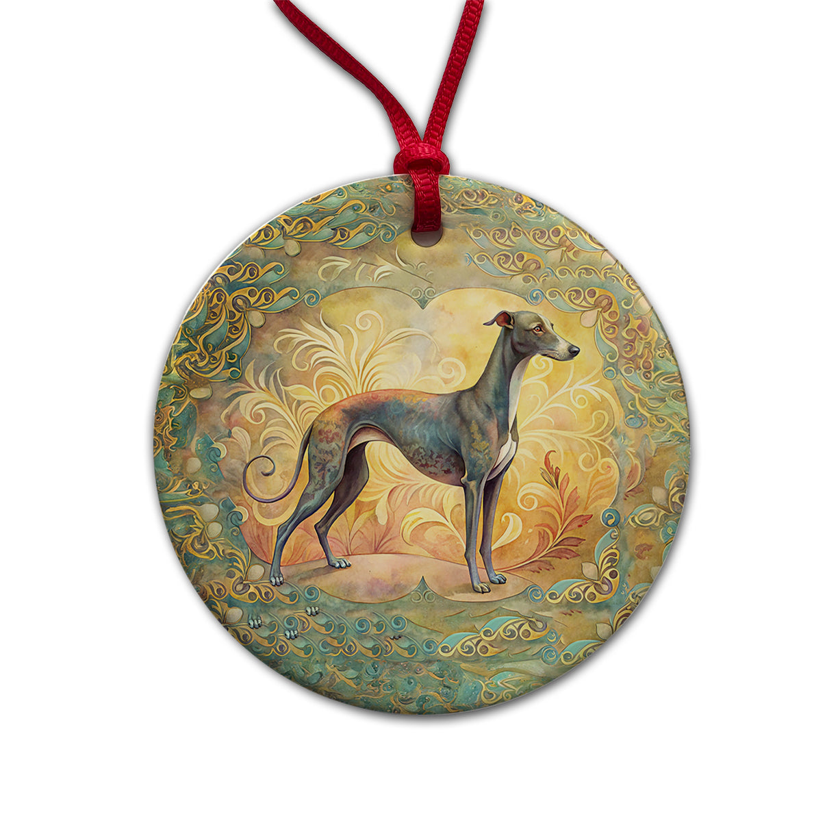 Greyhound Dog Art Nouveau Round Ceramic Holiday Christmas Tree Ornament