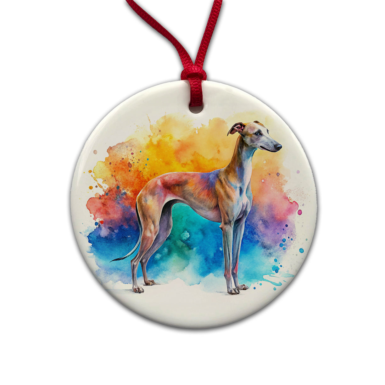 Greyhound Dog Watercolor Style Round Ceramic Holiday Christmas Tree Ornament