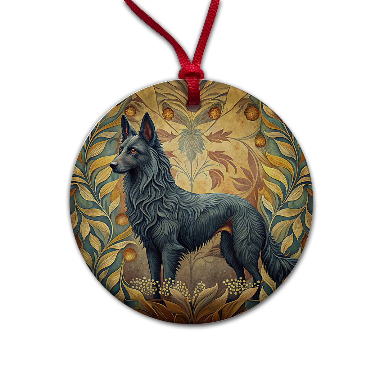 Groenendael Belgian Sheepdog Dog Art Nouveau Round Ceramic Holiday Christmas Tree Ornament