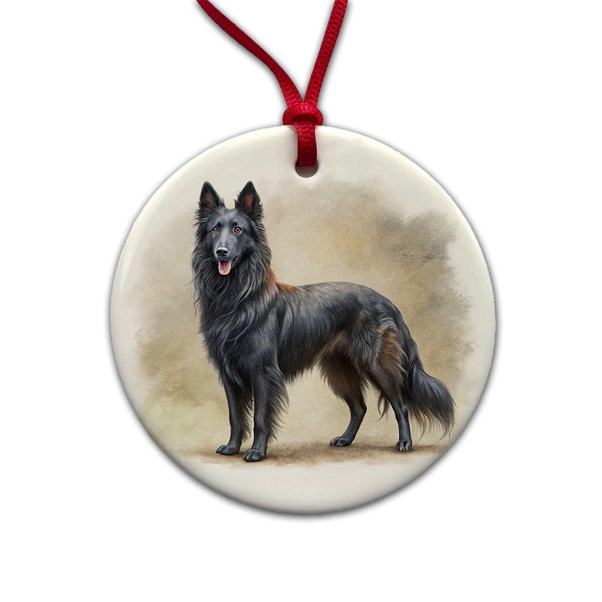 Groenendael Belgian Sheepdog Dog Illustration Round Ceramic Holiday Christmas Tree Ornament