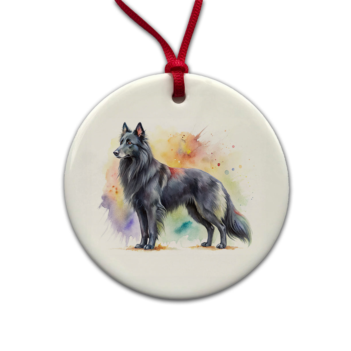 Groenendael Belgian Sheepdog Dog Watercolor Style Round Ceramic Holiday Christmas Tree Ornament