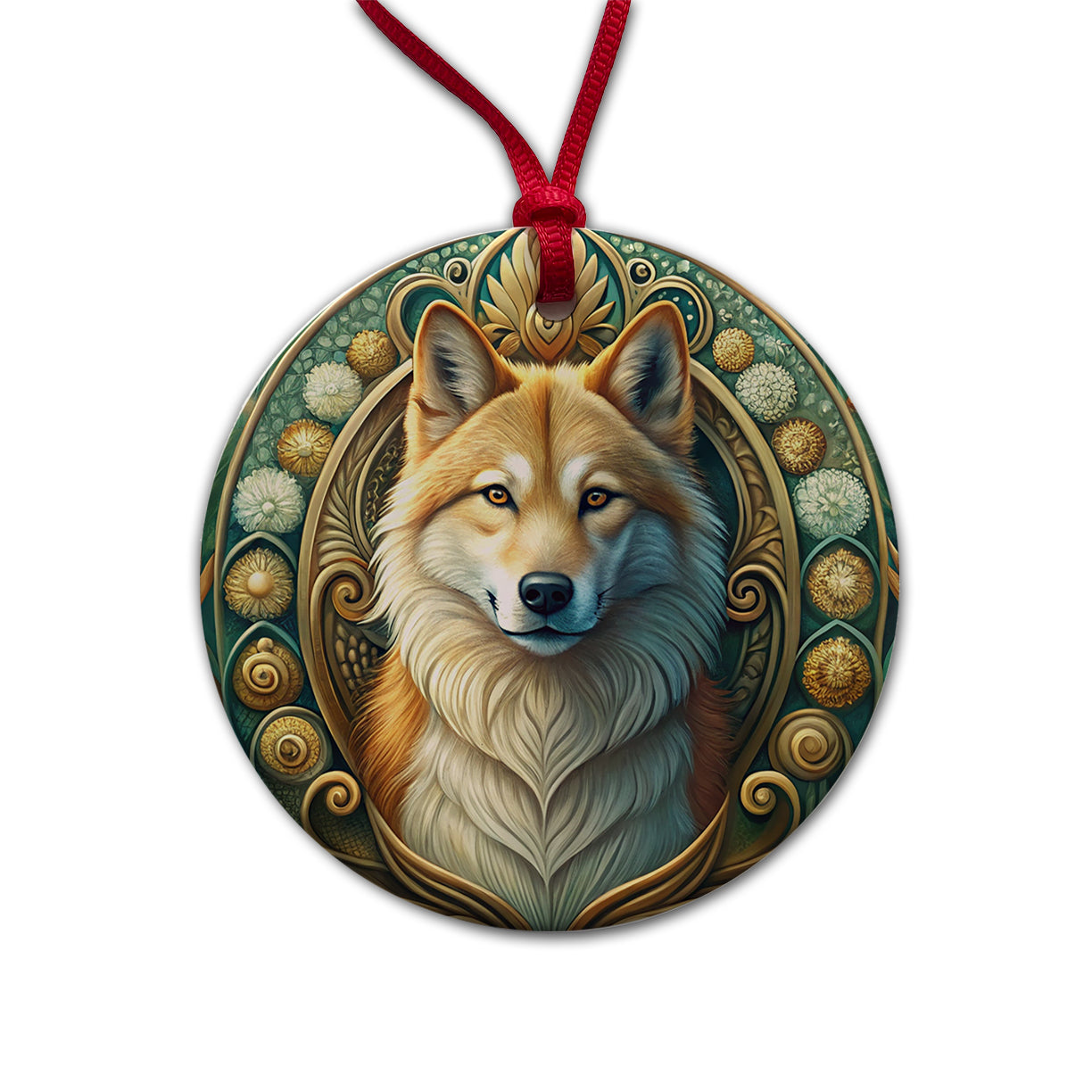 Icelandic Sheepdog Dog Art Nouveau Round Ceramic Holiday Christmas Tree Ornament