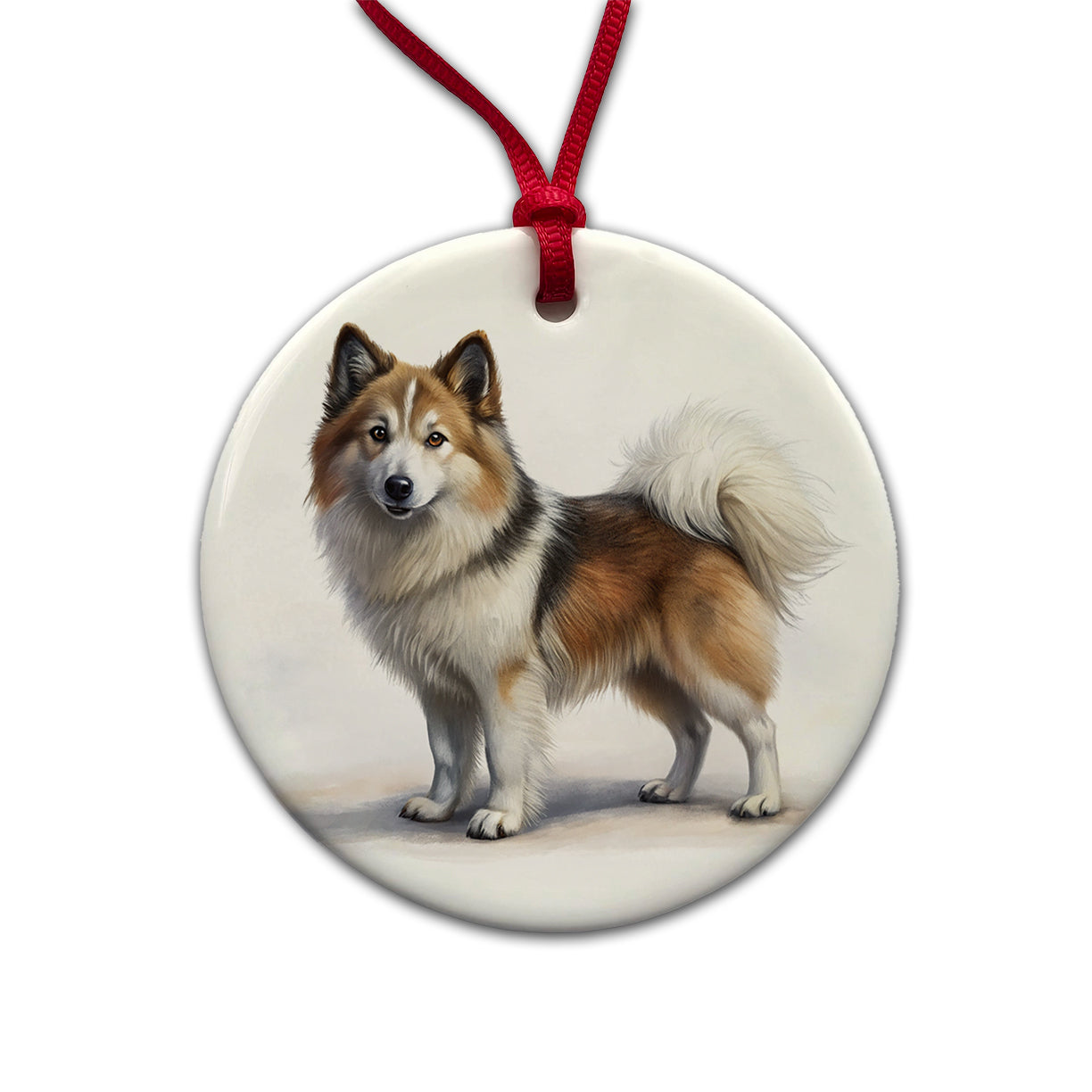 Icelandic Sheepdog Dog Illustration Round Ceramic Holiday Christmas Tree Ornament