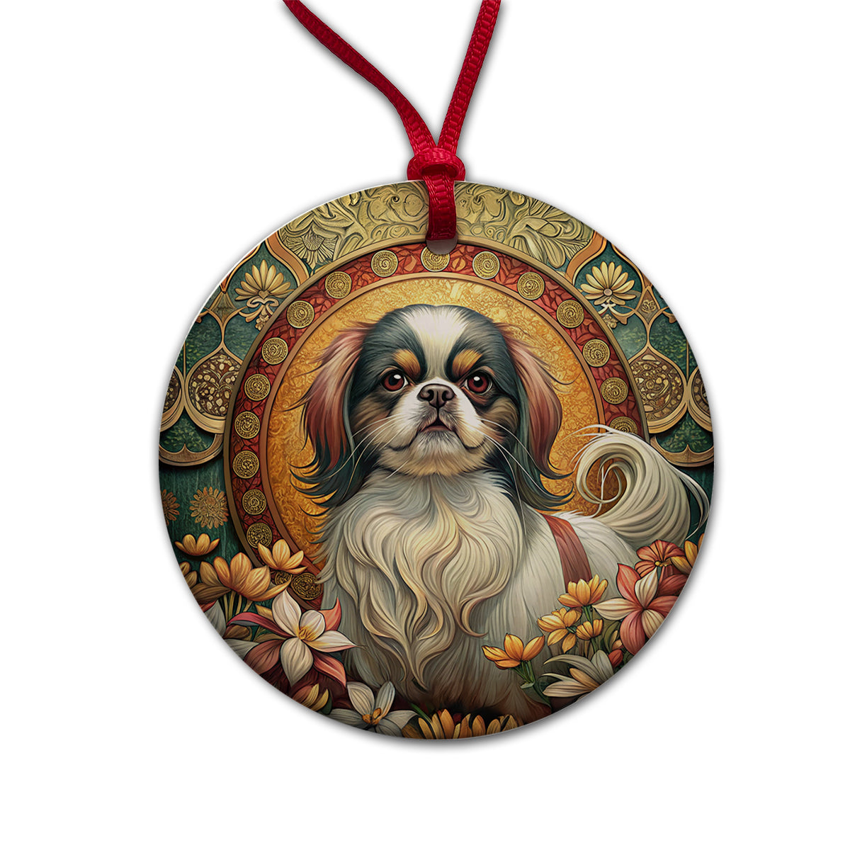 Japanese Chin Dog Art Nouveau Round Ceramic Holiday Christmas Tree Ornament