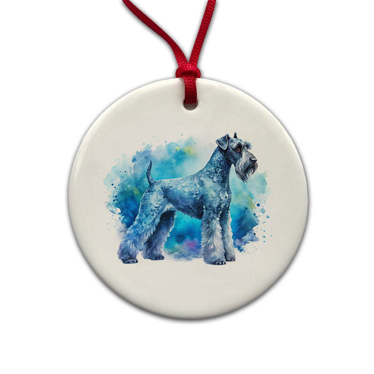 Kerry Blue Terrier Dog Watercolor Style Round Ceramic Holiday Christmas Tree Ornament
