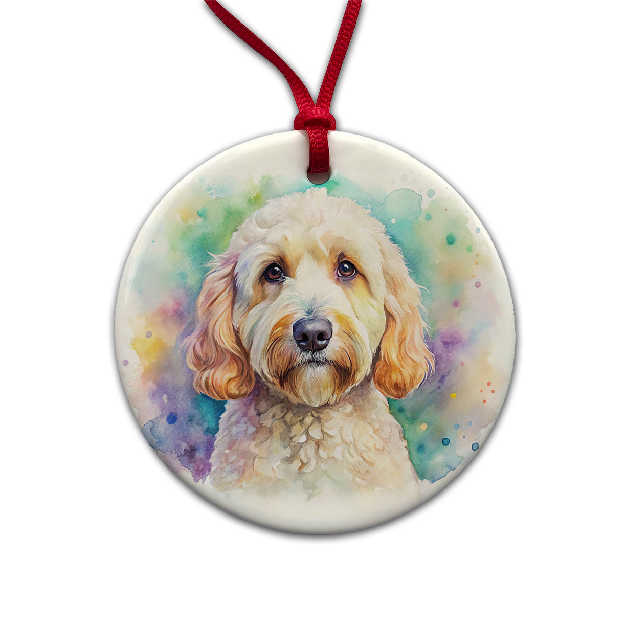 Labradoodle Dog Watercolor Style Round Ceramic Holiday Christmas Tree Ornament