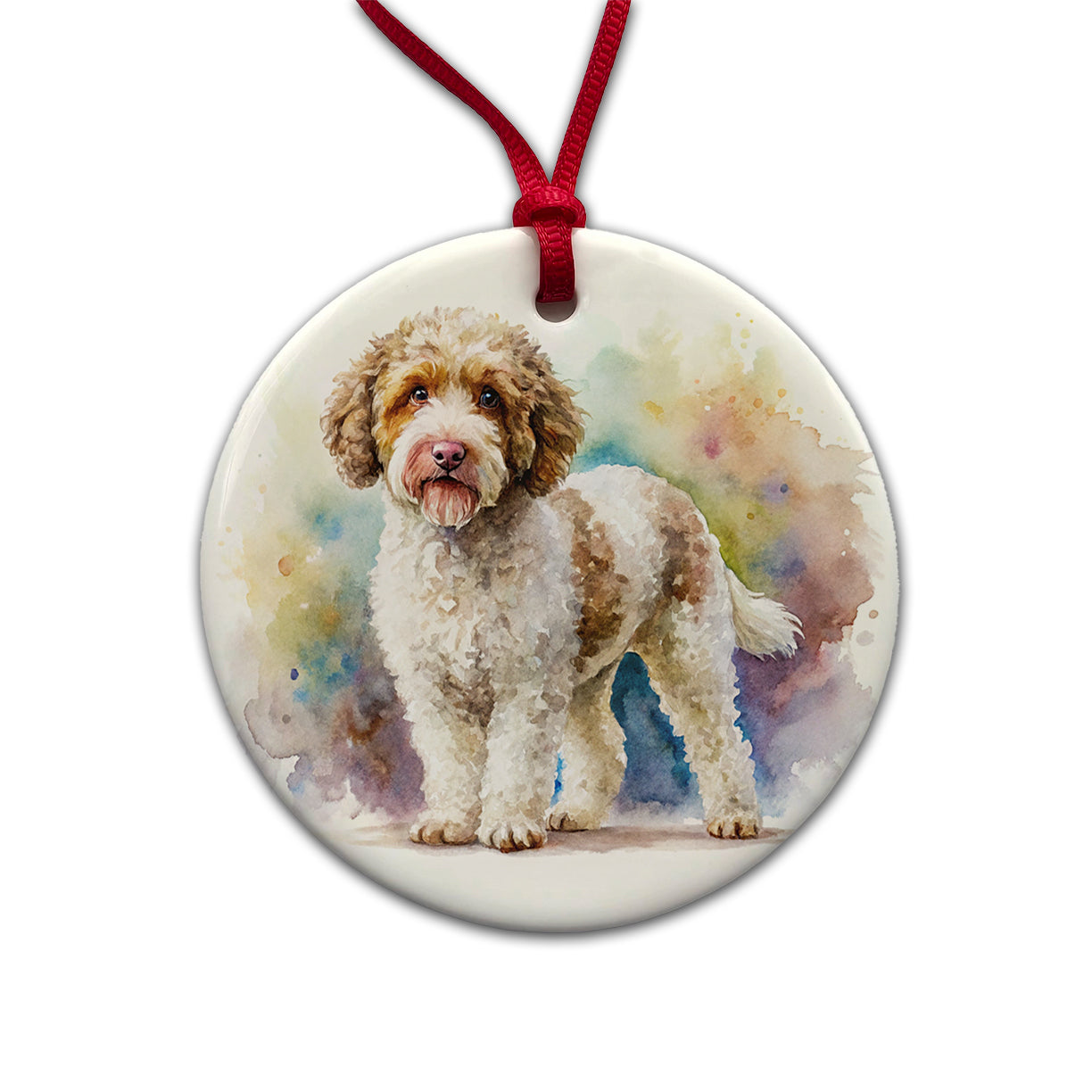 Lagotto Romagnolo Dog Watercolor Style Round Ceramic Holiday Christmas Tree Ornament