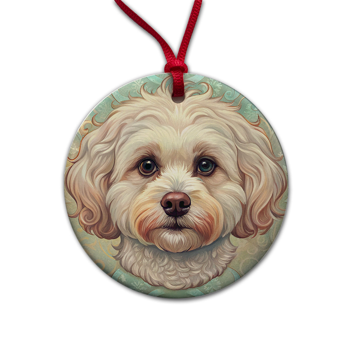 Maltipoo Dog Art Nouveau Round Ceramic Holiday Christmas Tree Ornament