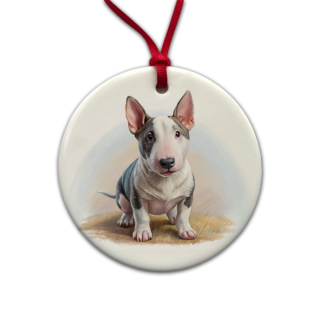 Miniature Bull Terrier Dog Illustration Round Ceramic Holiday Christmas Tree Ornament
