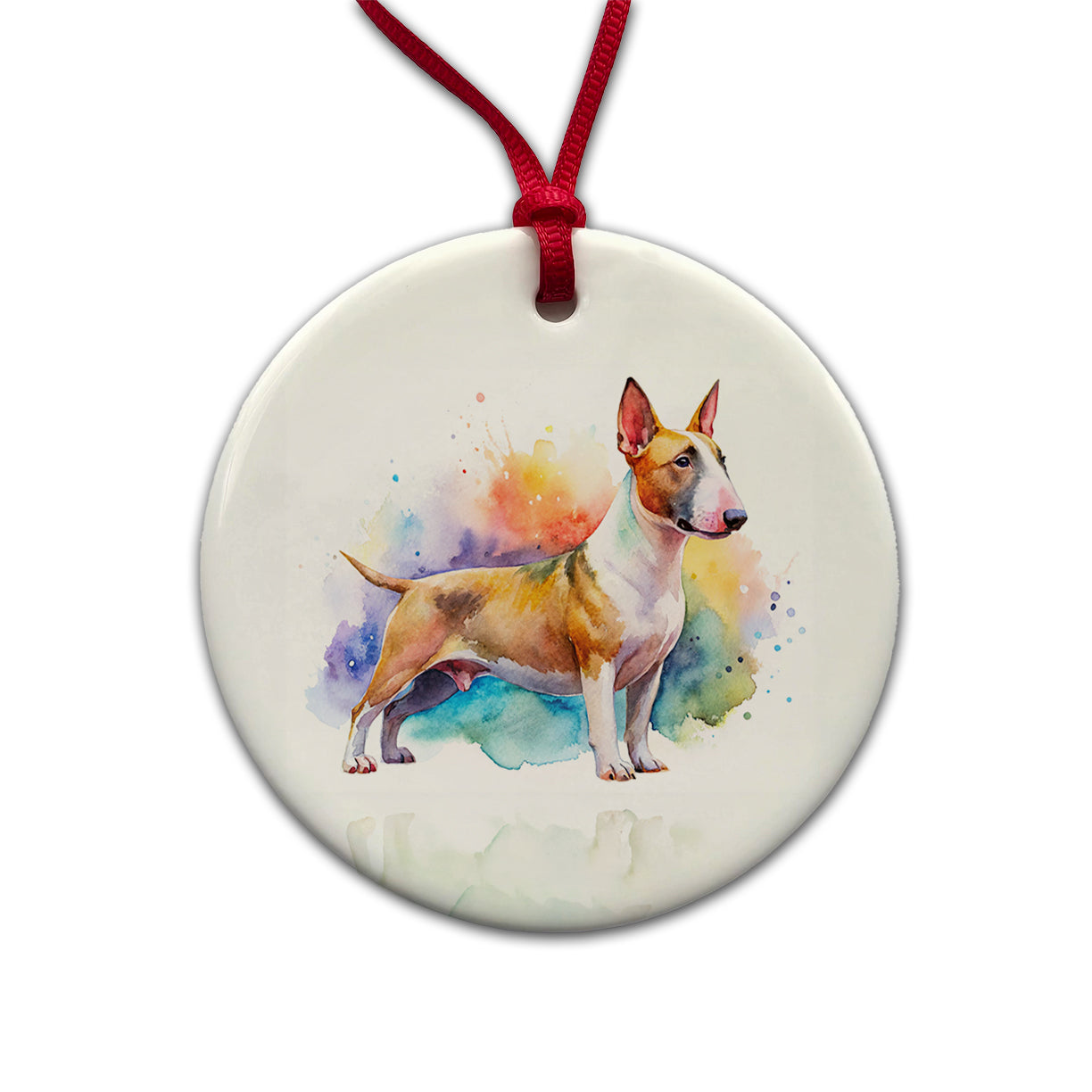 Miniature Bull Terrier Dog Watercolor Style Round Ceramic Holiday Christmas Tree Ornament