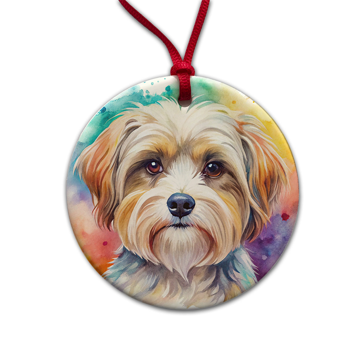 Morkie Dog Watercolor Style Round Ceramic Holiday Christmas Tree Ornament