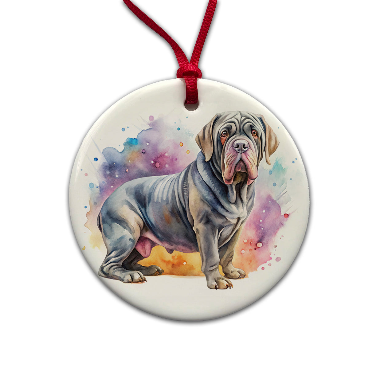 Neapolitan Mastiff Dog Watercolor Style Round Ceramic Holiday Christmas Tree Ornament