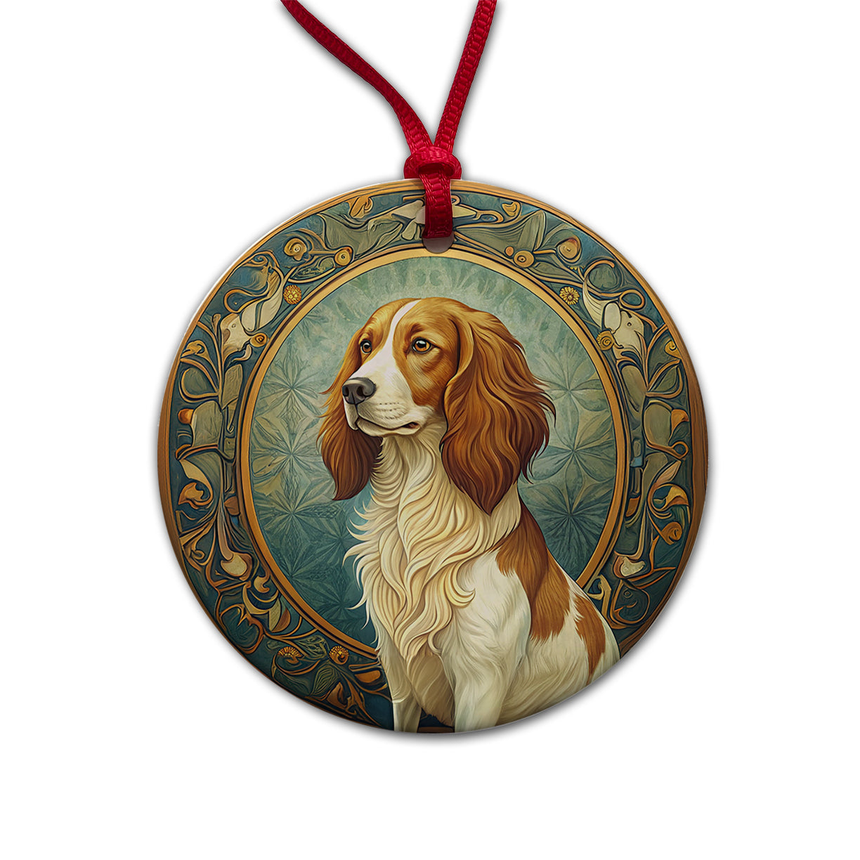 Nederlandse Kooikerhondje Dog Art Nouveau Round Ceramic Holiday Christmas Tree Ornament