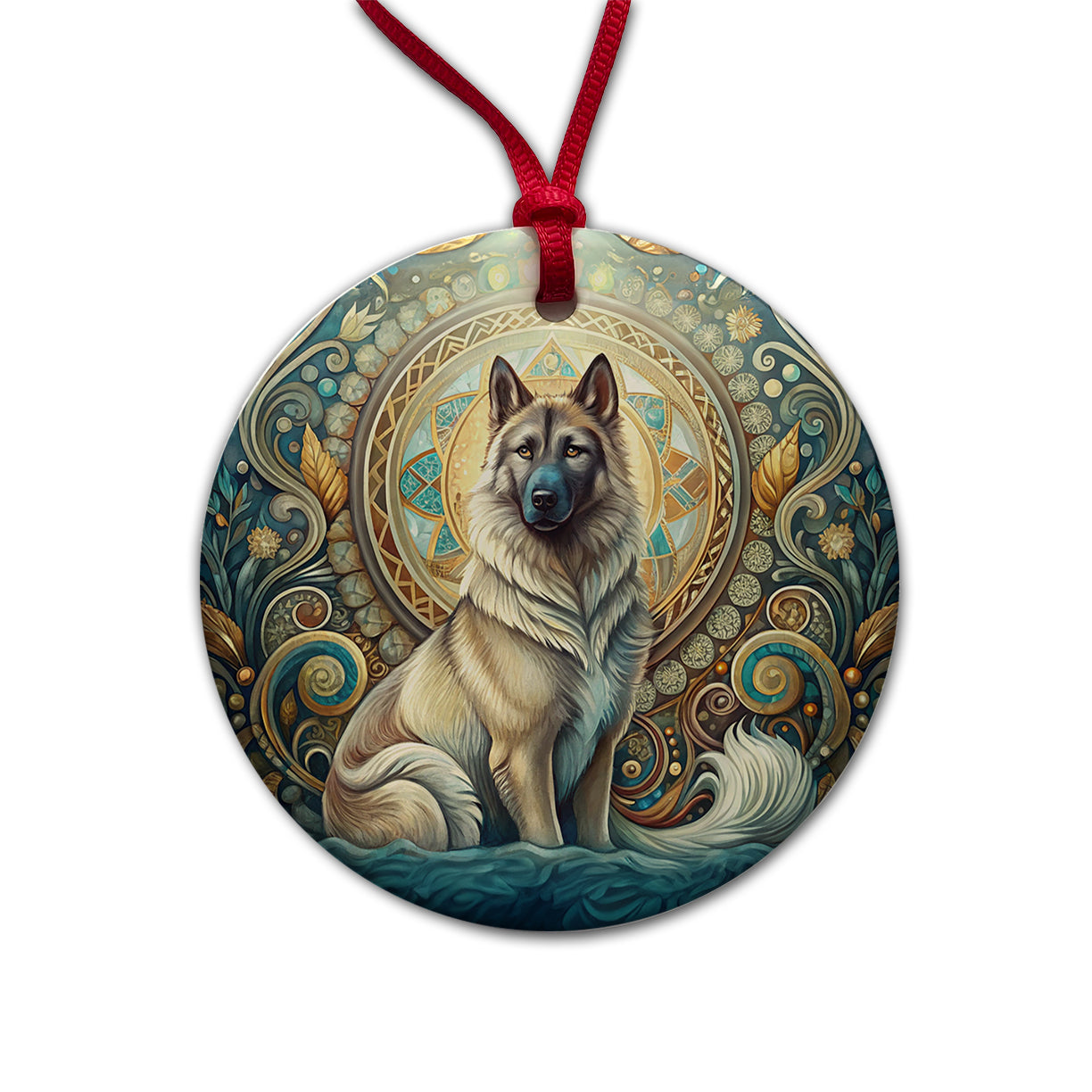 Norwegian Elkhound Dog Art Nouveau Round Ceramic Holiday Christmas Tree Ornament