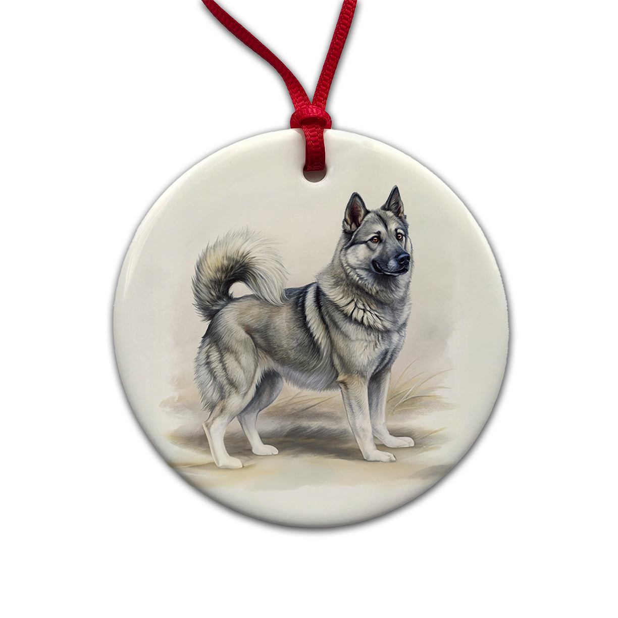 Norwegian Elkhound Dog Illustration Round Ceramic Holiday Christmas Tree Ornament