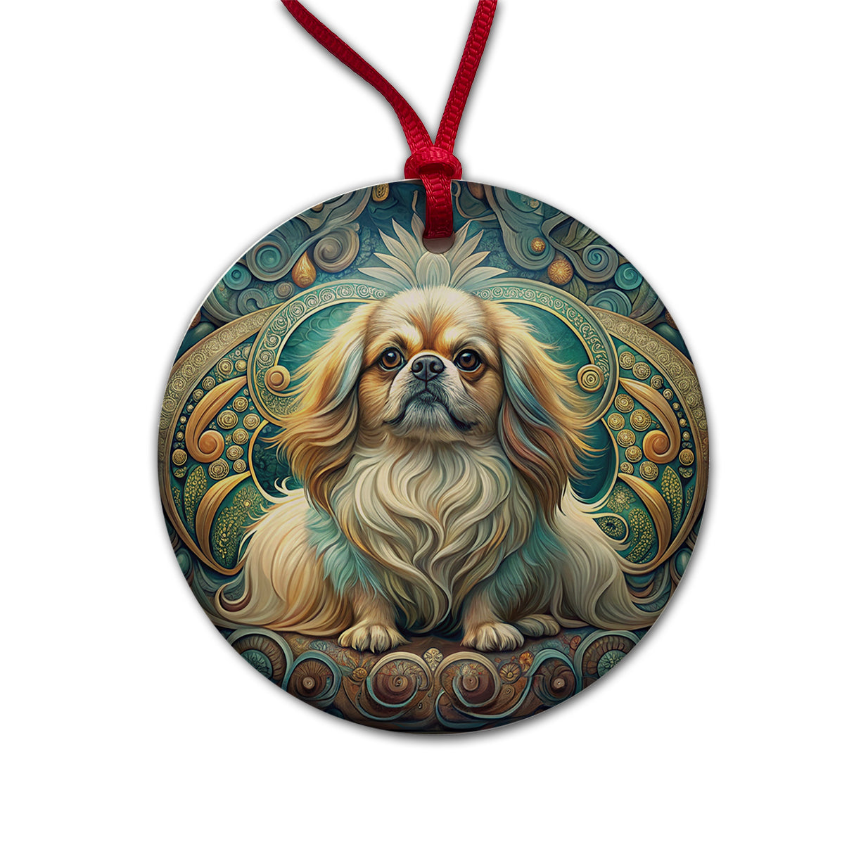 Pekingese Dog Art Nouveau Round Ceramic Holiday Christmas Tree Ornament