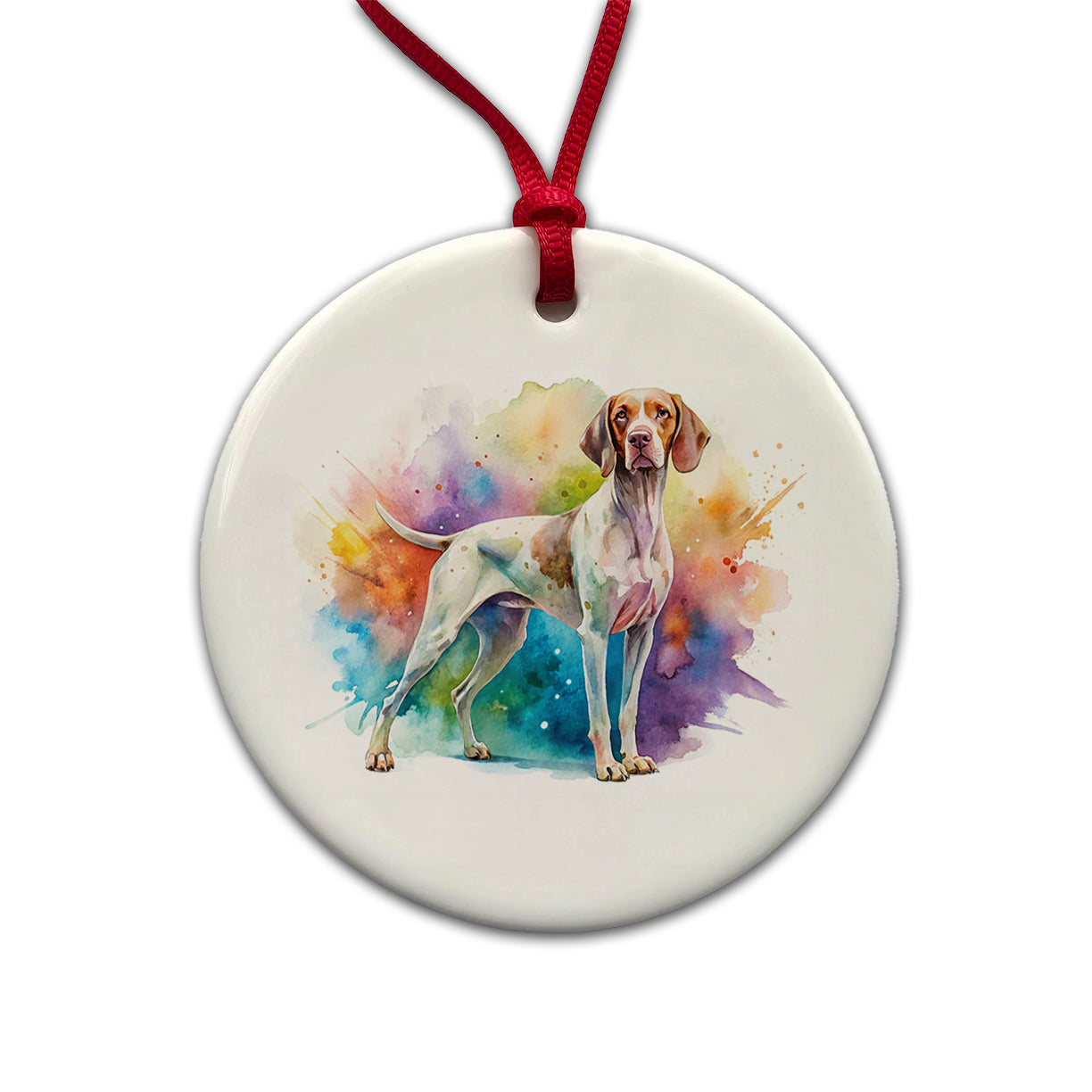 Pointer Dog Watercolor Style Round Ceramic Holiday Christmas Tree Ornament