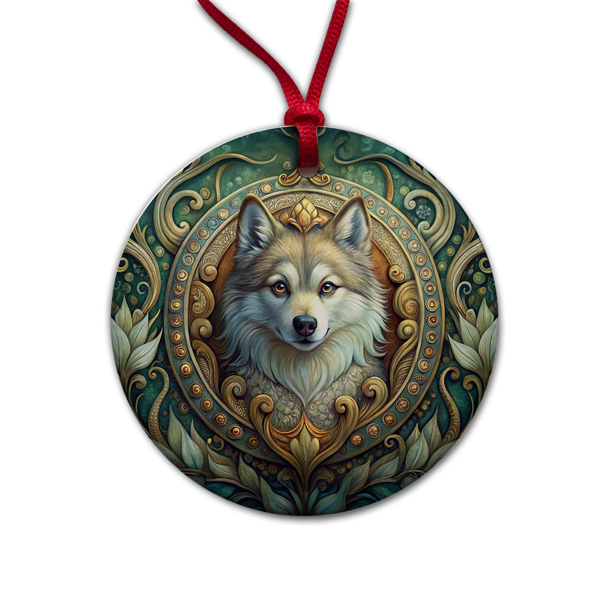 Pomsky Dog Art Nouveau Round Ceramic Holiday Christmas Tree Ornament