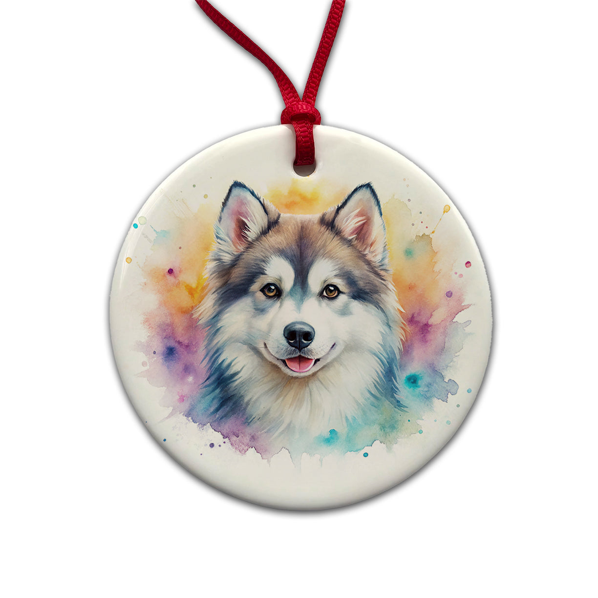 Pomsky Dog Watercolor Style Round Ceramic Holiday Christmas Tree Ornament